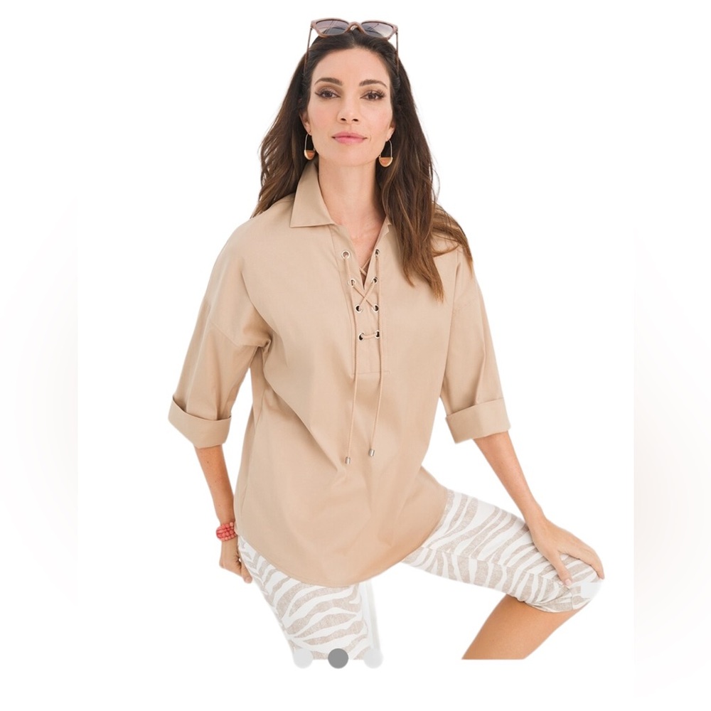 Chico's Tie-Neck Poplin Dolman Popover 3/4 Sleeve Top‎ Tunic Size US 12/14 Tan